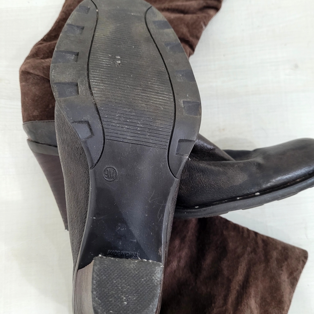 Women's Brown Suede & Leather Wood Heeled Boots - Picture 8 of 10